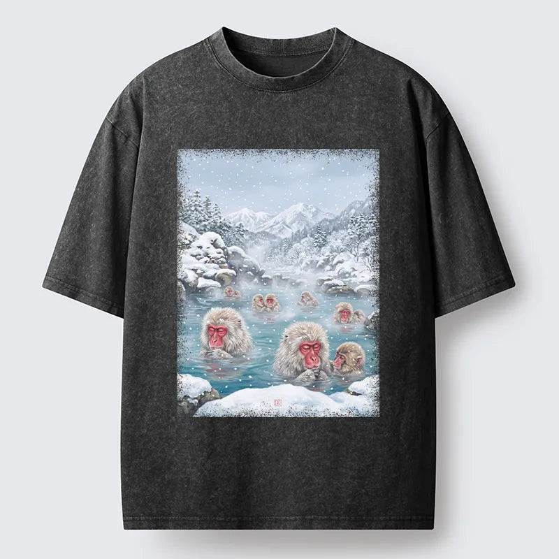 Kyoto-Lion Winter Snow Monkey Hot Spring Washed T-Shirt