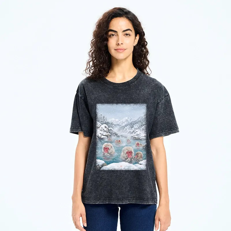 Kyoto-Lion Winter Snow Monkey Hot Spring Washed T-Shirt