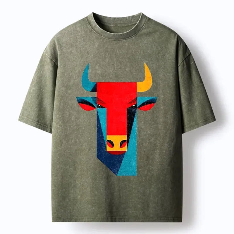 Kyoto-Lion Geometric Bull Head Art Washed T-Shirt