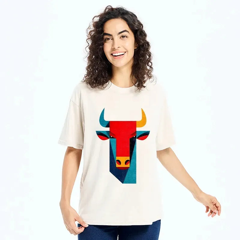 Kyoto-Lion Geometric Bull Head Art Washed T-Shirt