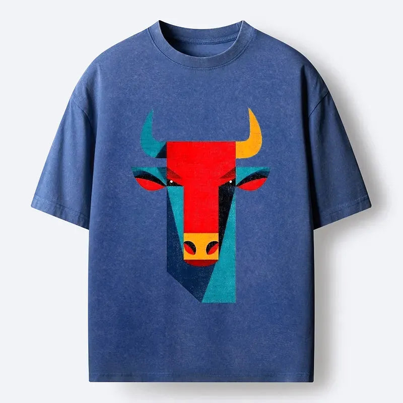 Kyoto-Lion Geometric Bull Head Art Washed T-Shirt