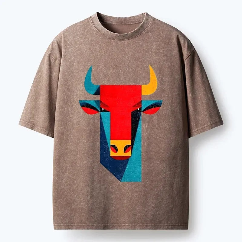 Kyoto-Lion Geometric Bull Head Art Washed T-Shirt