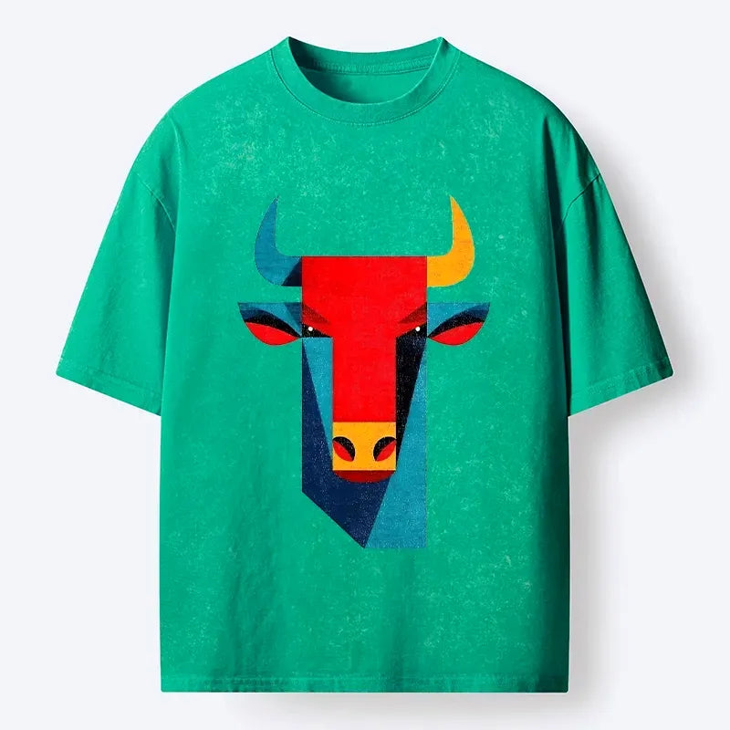 Kyoto-Lion Geometric Bull Head Art Washed T-Shirt