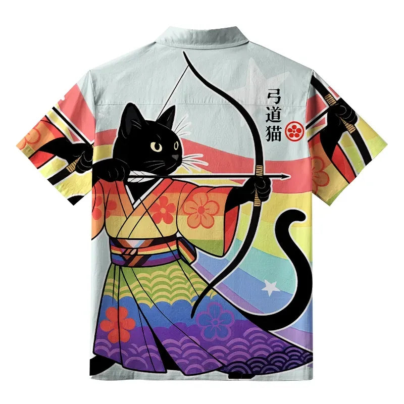 Kyoto-Lion Rainbow Kimono Cat Archery Aloha Japanese Hawaiian Shirt