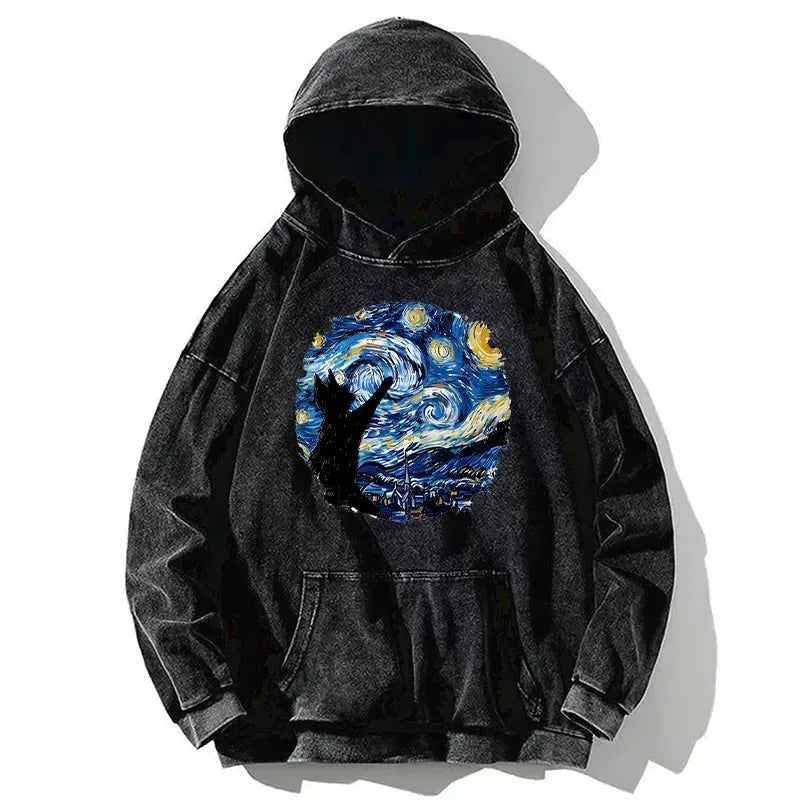 Kyoto-Lion Starry Night Black Cat Washed Hoodie