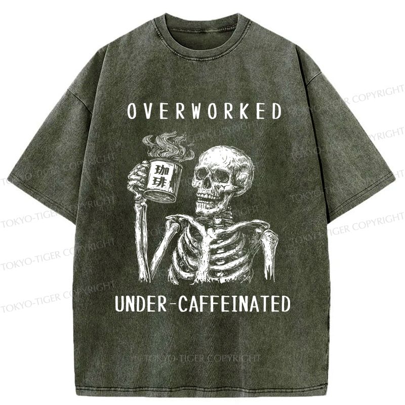 Kyoto-Lion Funny Skull Overworked Under-caffeinated Washed T-Shirt