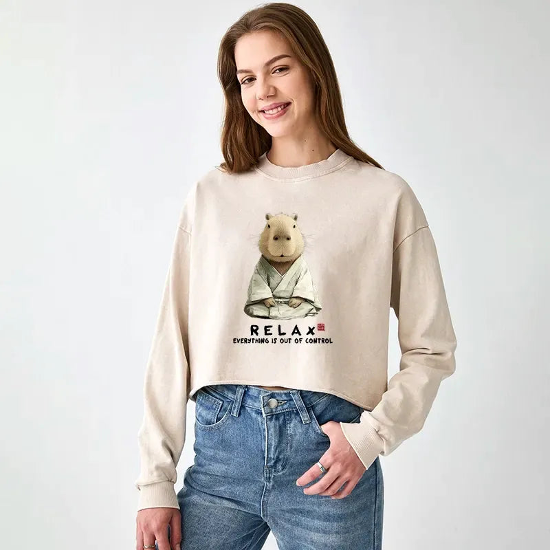 Kyoto-Lion Zen Capybara£ºRelax, it's all chaos Washed Crop Sweatshirt