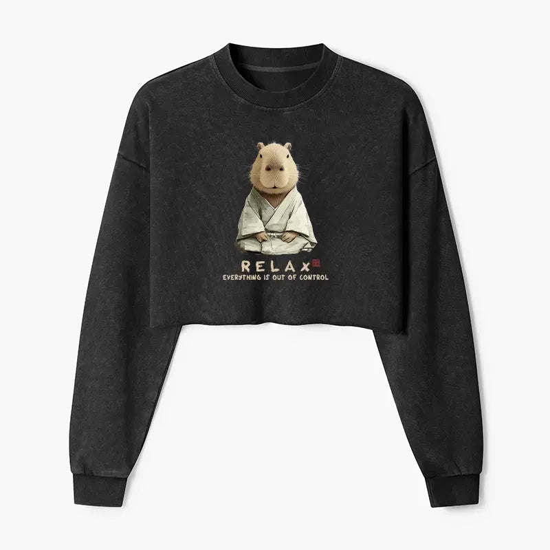 Kyoto-Lion Zen Capybara£ºRelax, it's all chaos Washed Crop Sweatshirt