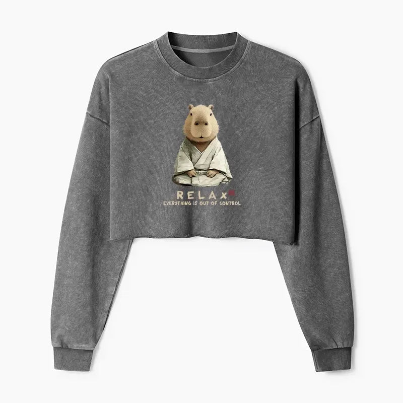 Kyoto-Lion Zen Capybara£ºRelax, it's all chaos Washed Crop Sweatshirt
