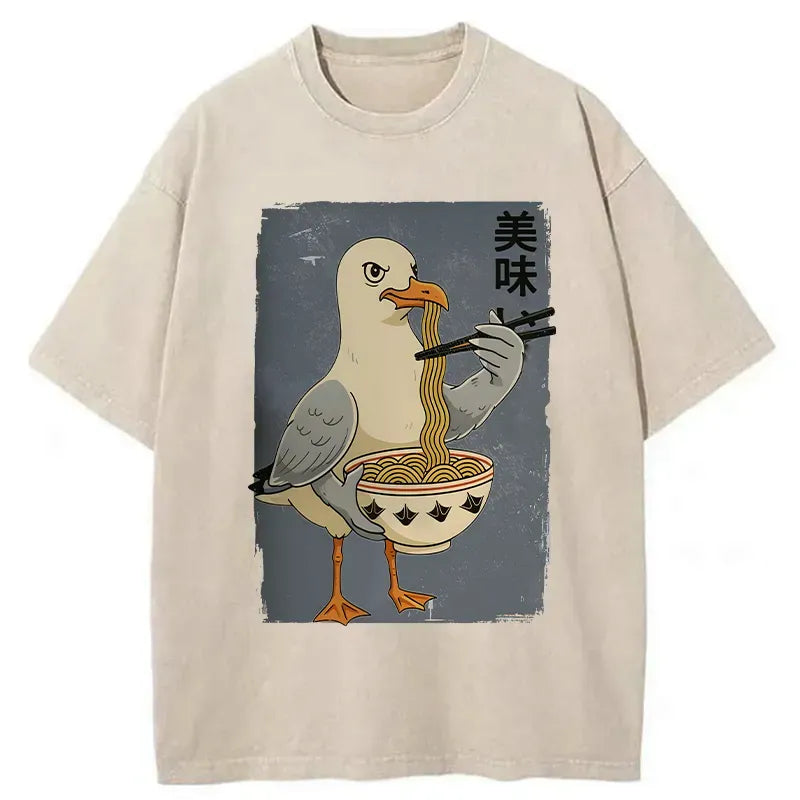 Kyoto-Lion Pigeons Eating Ramen Washed T-Shirt