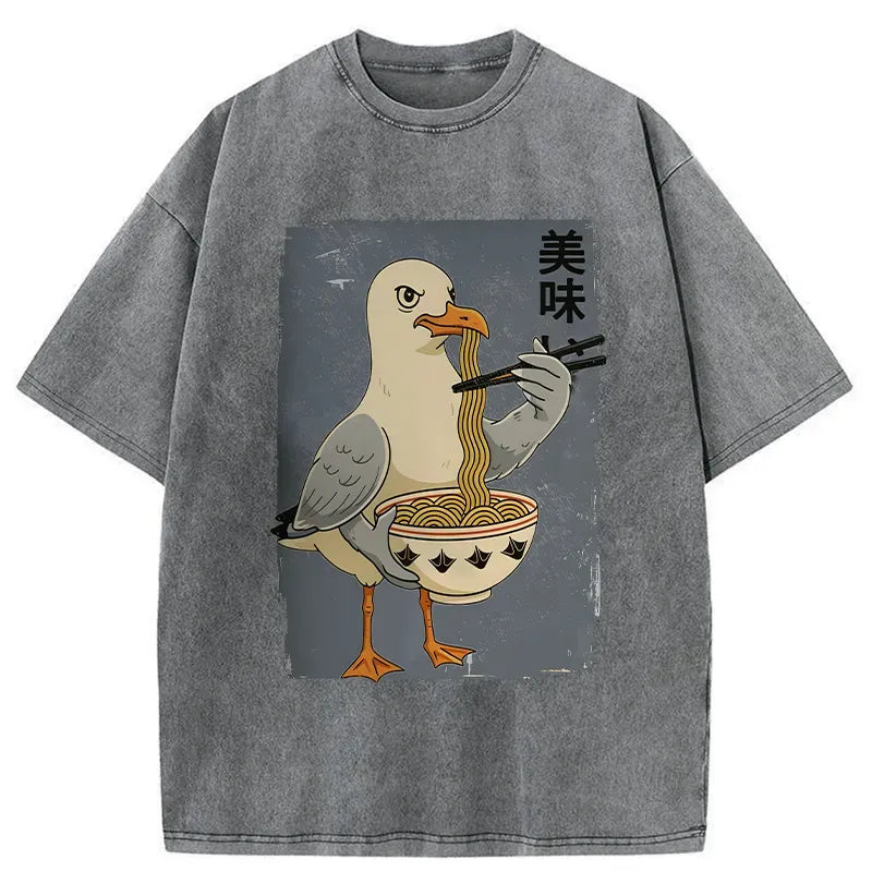 Kyoto-Lion Pigeons Eating Ramen Washed T-Shirt