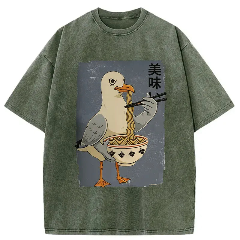 Kyoto-Lion Pigeons Eating Ramen Washed T-Shirt
