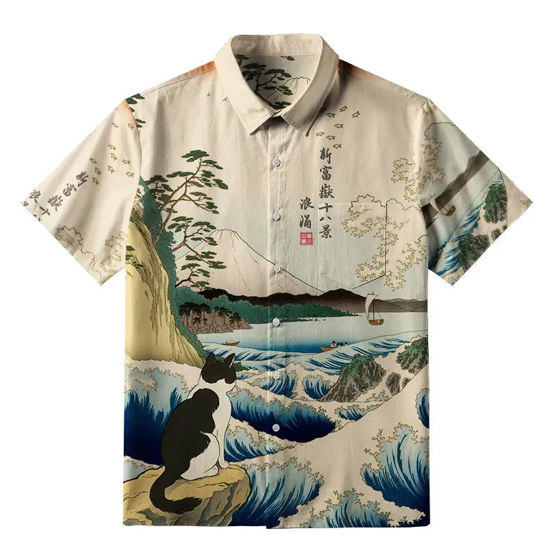 Kyoto-Lion Cat Overlooking Tranquil Seas Button-up Shirt