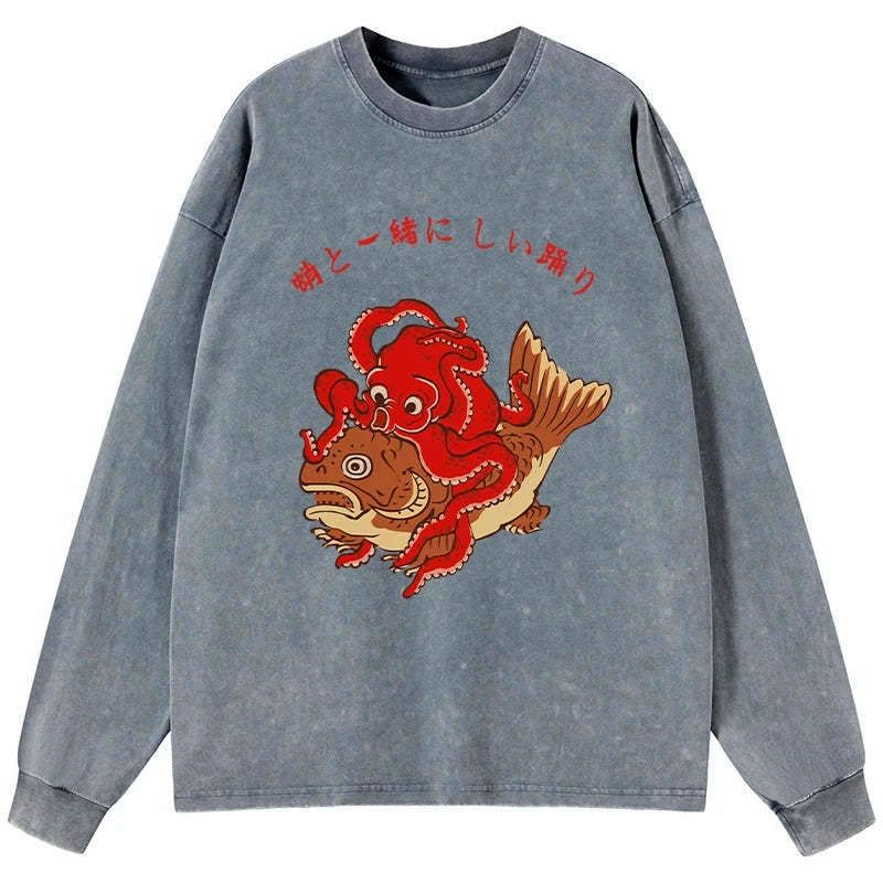 Kyoto-Lion Octopus And Koi Dance Together Washed Long Sleeve T-Shirt