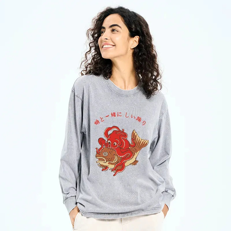 Kyoto-Lion Octopus And Koi Dance Together Washed Long Sleeve T-Shirt