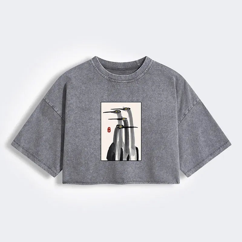 Kyoto-Lion Japanese Crane Poster Women's Washed Crop T-Shirt