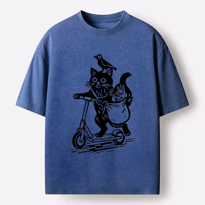 Kyoto-Lion Cat Skateboarding Japan Washed T-Shirt