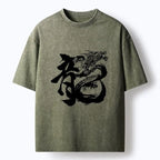 Kyoto-Lion Ink Dragon Kanji Traditional Art Washed T-Shirt