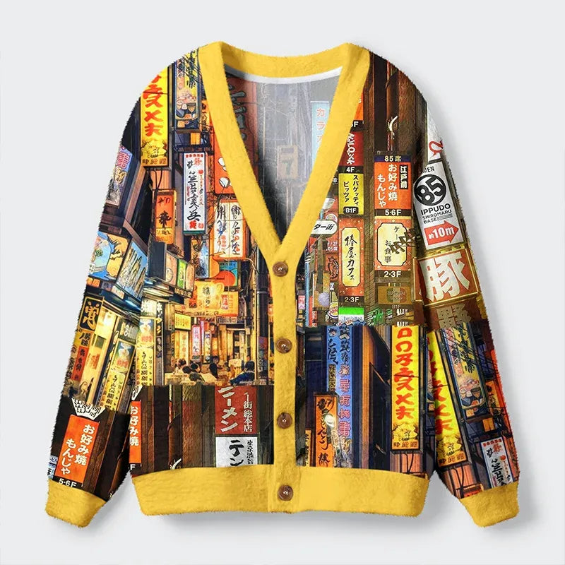 Kyoto-Lion A Walk Through Japan's Night Glow Ugly Cardigan Sweater