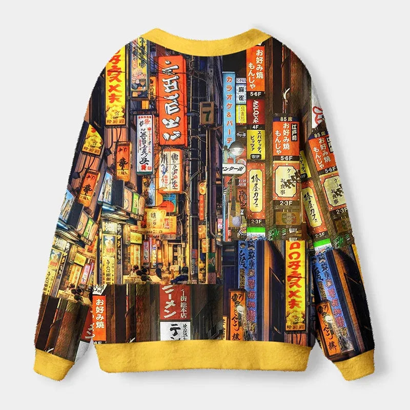 Kyoto-Lion A Walk Through Japan's Night Glow Ugly Cardigan Sweater