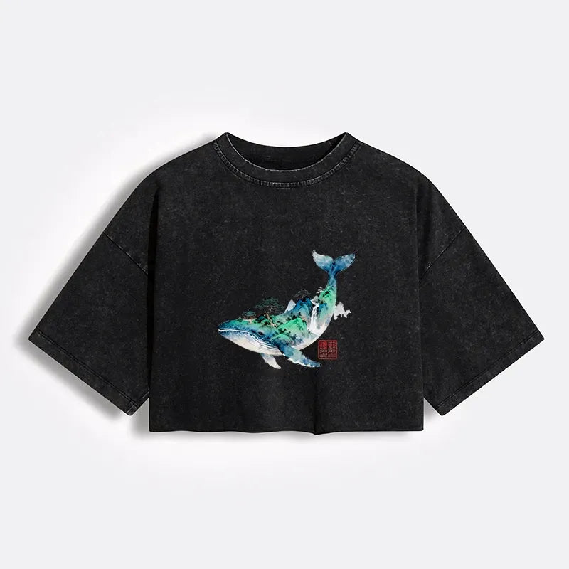 Kyoto-Lion Whale Ink Painting Landscape Women's Washed Crop T-Shirt