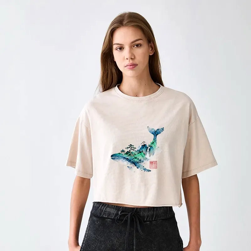 Kyoto-Lion Whale Ink Painting Landscape Women's Washed Crop T-Shirt
