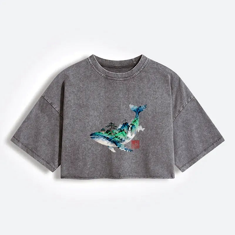 japanese ink painting crop t-shirt for women