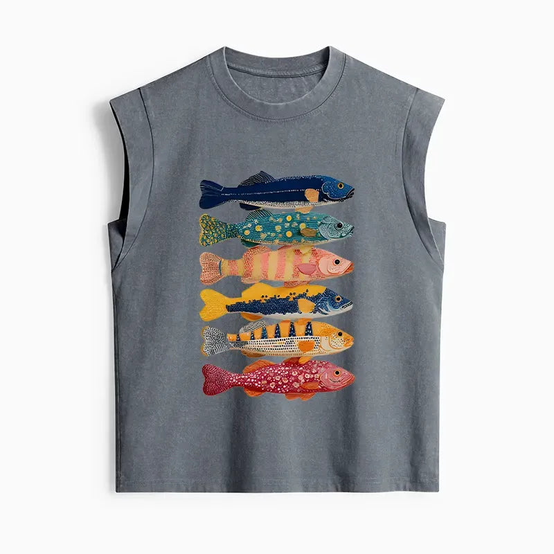 Kyoto-Lion Colorful Fish Art Collection Women's Washed Tank Tops