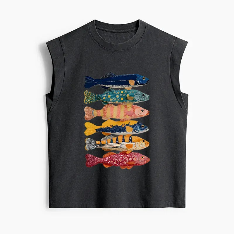 Kyoto-Lion Colorful Fish Art Collection Women's Washed Tank Tops