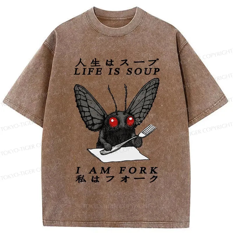 Kyoto-Lion Life Is Soup I Am Fork Mothman Washed T-Shirt