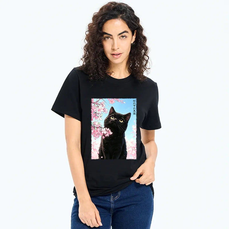 Kyoto-Lion Japanese Sakura Black Cat Classic T-Shirt