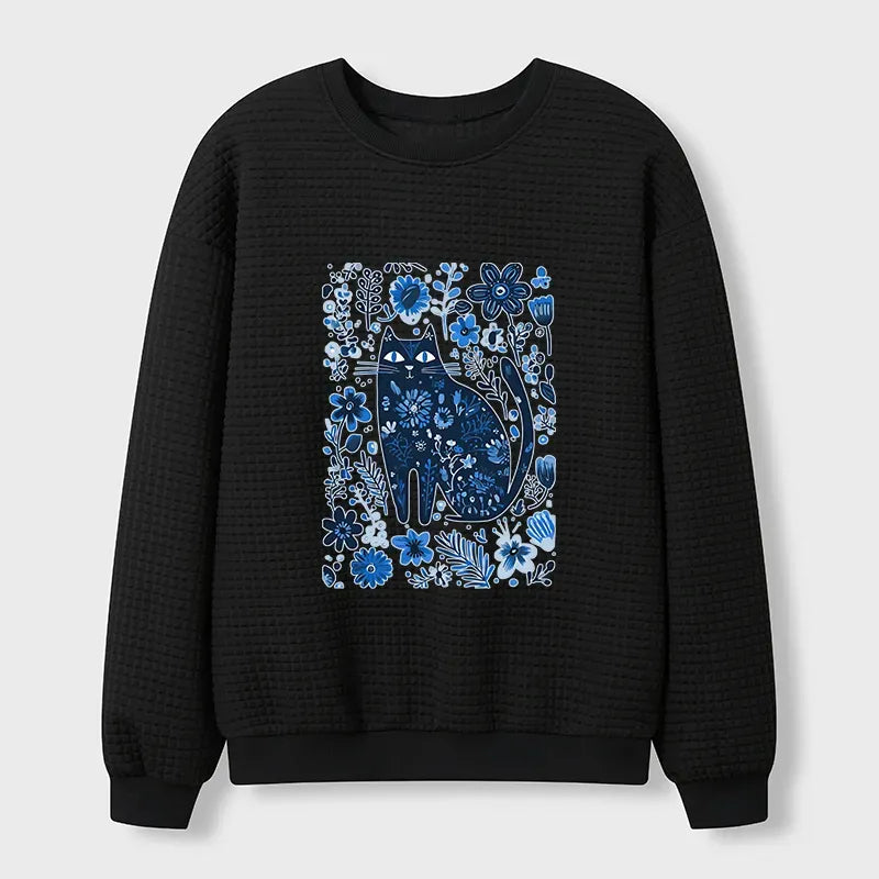vintage cat among flowers waffle sweatshirt for spring