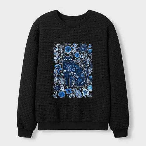 vintage cat among flowers waffle sweatshirt for spring