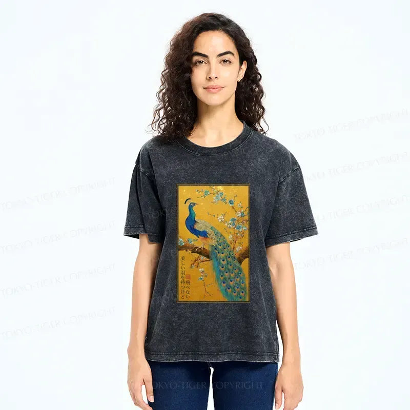 Kyoto-Lion The Peacock's Silent Elegance Washed T-Shirt