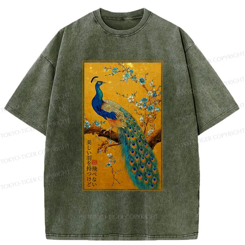 Peacock Ukiyo-e Washed T-Shirt for Gift for Him