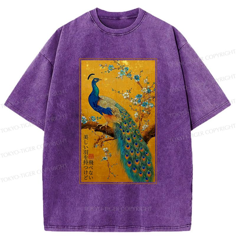 Peacock Ukiyo-e Washed T-Shirt for Gift for Him