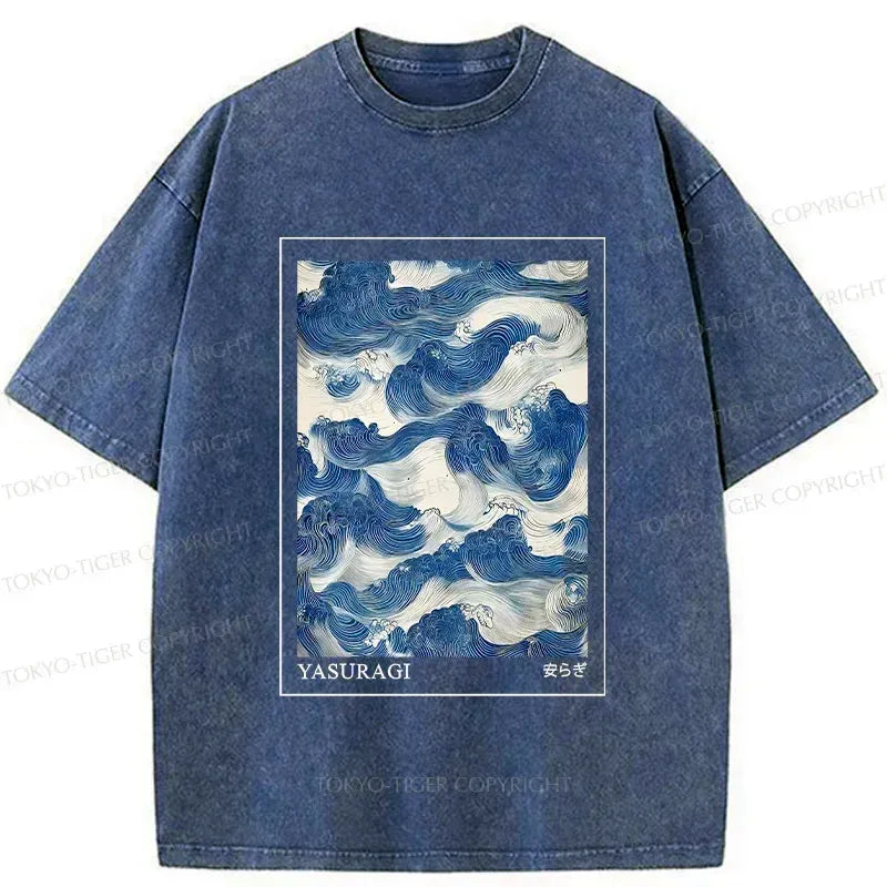 Kyoto-Lion Japanese Retro Art Wave Washed T-Shirt