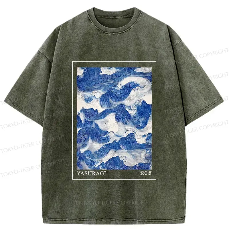 Kyoto-Lion Japanese Retro Art Wave Washed T-Shirt