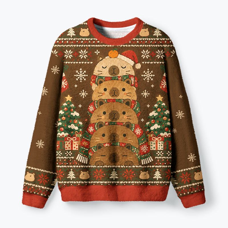Kyoto-Lion Stacked Cute Capybara Fuzzy Christmas Ugly Sweatshirt