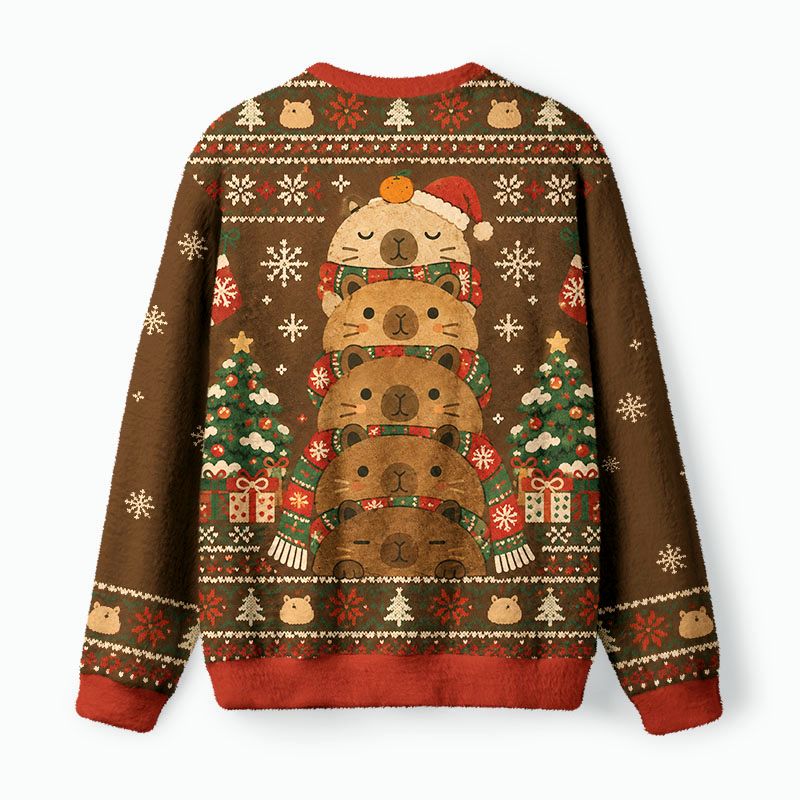 Kyoto-Lion Stacked Cute Capybara Fuzzy Christmas Ugly Sweatshirt
