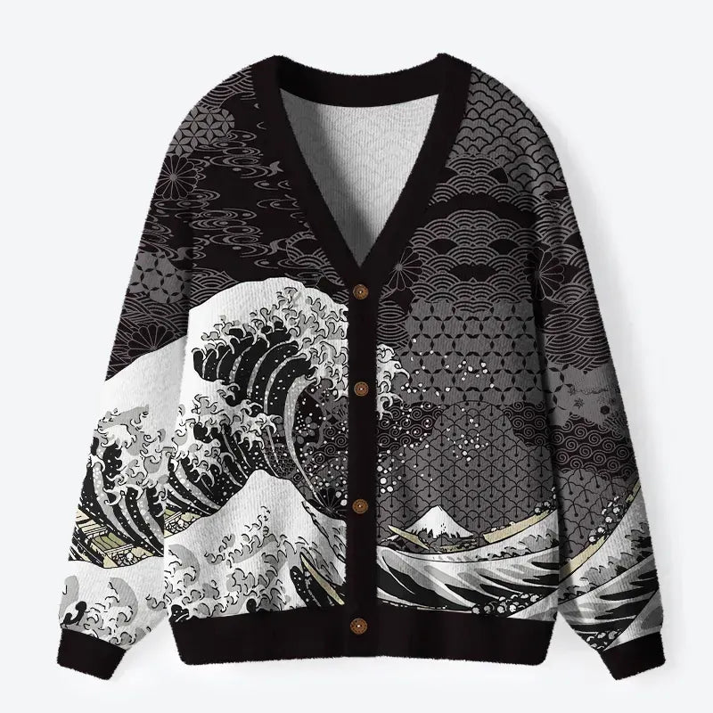 Kyoto-Lion Great Wave Off Fuji Ugly Cardigan Sweater