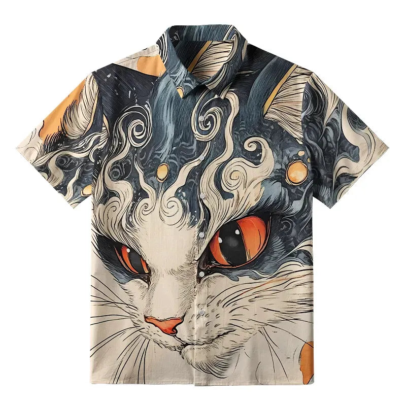 Japanese Cat Button-up Shirt for Gift