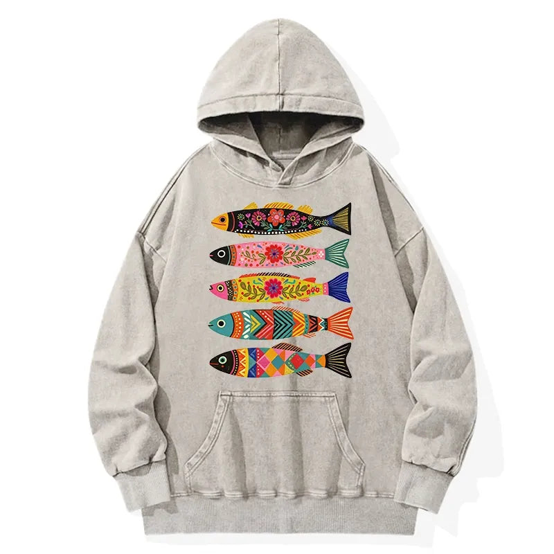 Kyoto-Lion Colorful Patterned Fish Washed Hoodie
