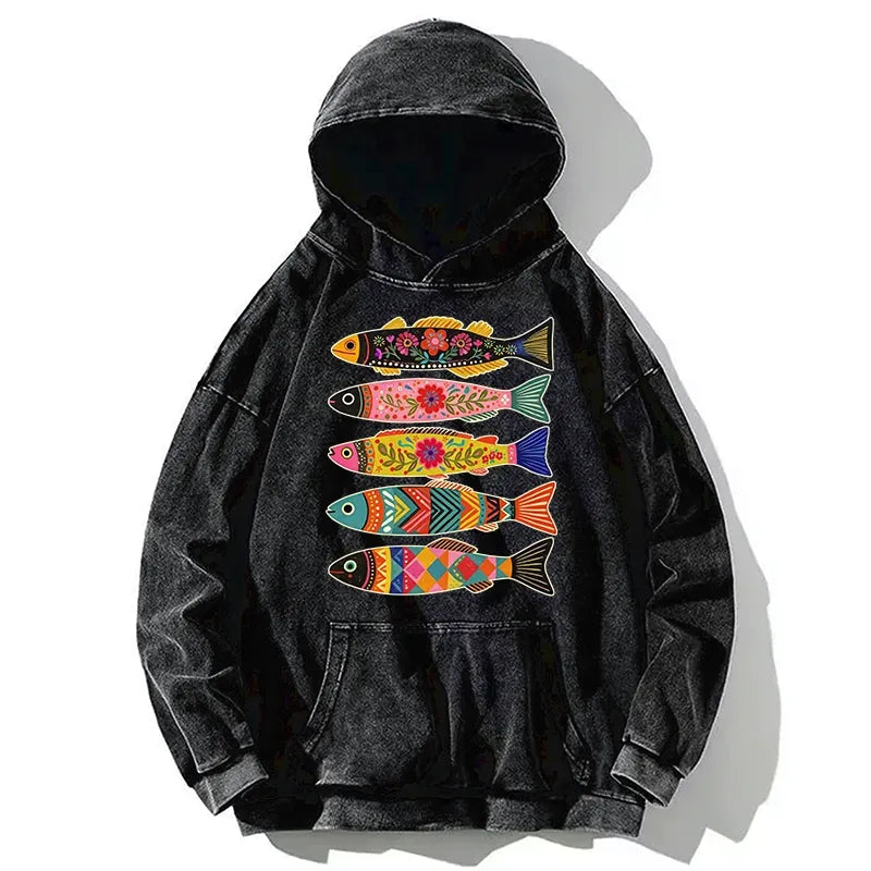 Kyoto-Lion Colorful Patterned Fish Washed Hoodie