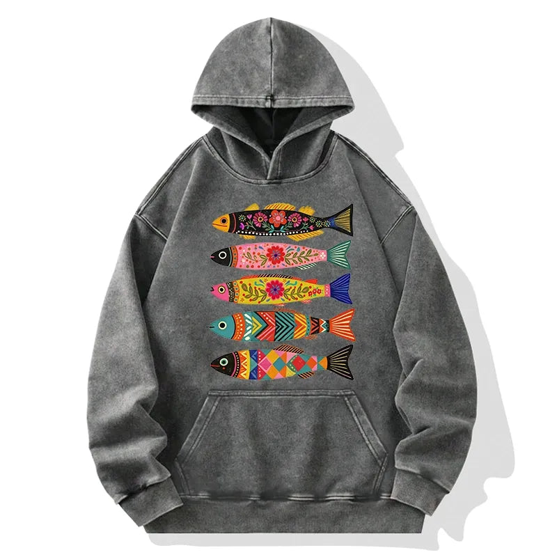 Kyoto-Lion Colorful Patterned Fish Washed Hoodie