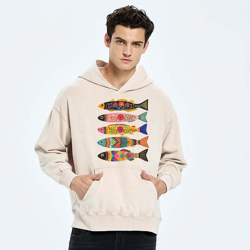 Kyoto-Lion Colorful Patterned Fish Washed Hoodie