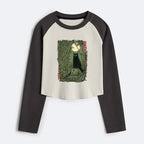 Kyoto-Lion Black Cat In The Bamboo Forest Women's Crop Raglan T-Shirt