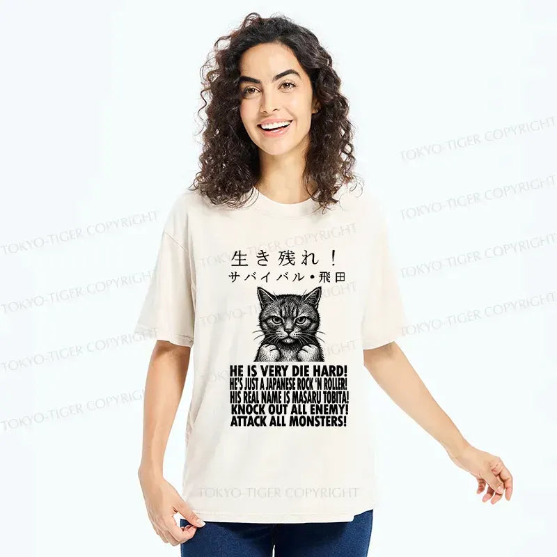 Japanese Washed Cat T-Shirt for Daily Wear