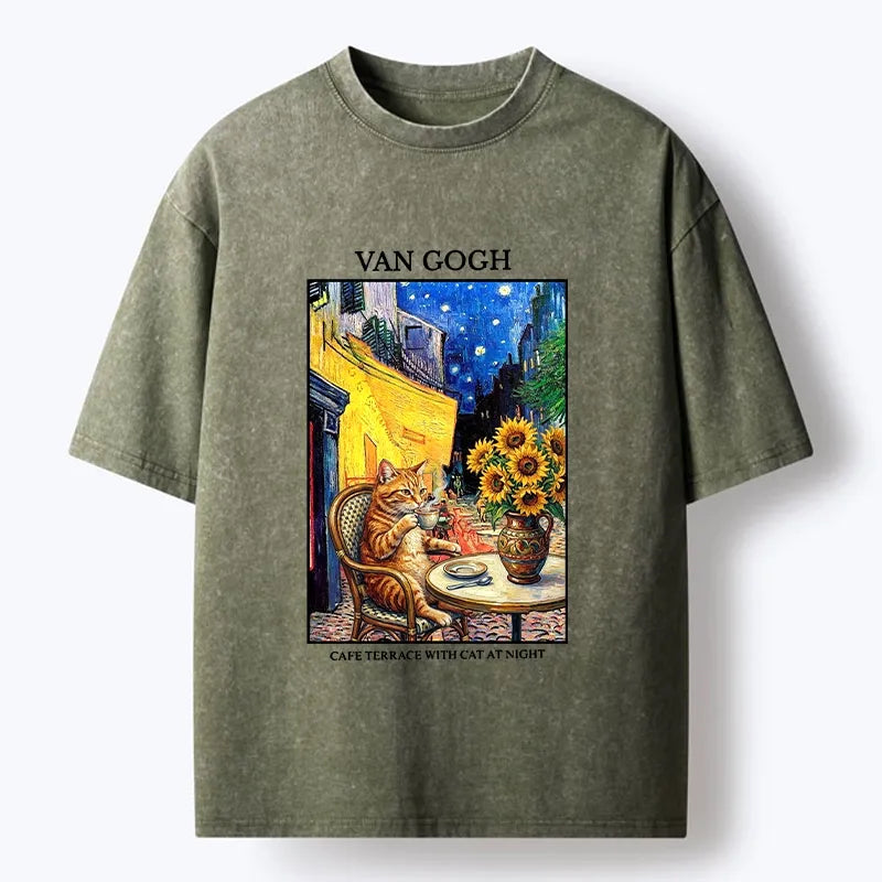Kyoto-Lion Van Gogh Cafe Cat Washed T-Shirt