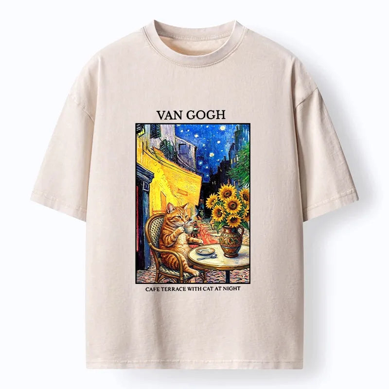 Kyoto-Lion Van Gogh Cafe Cat Washed T-Shirt
